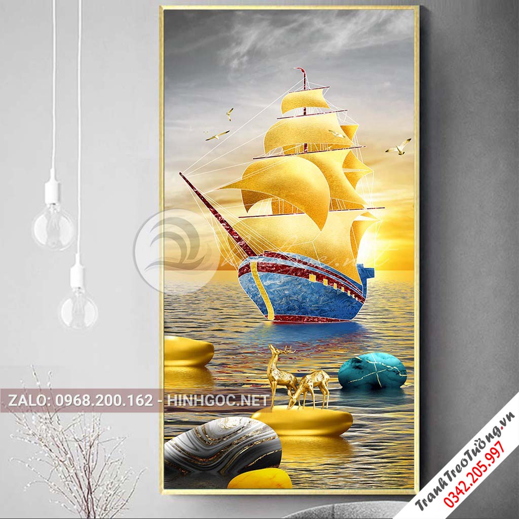 Tranh trừu tượng, hươu vàng, đá cuội, thuận buồm xuôi gió-XG-4009