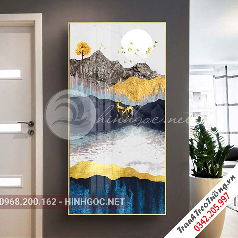 Tranh trừu tượng, hươu, cây tuần lộc, đàn chim-XG-4097