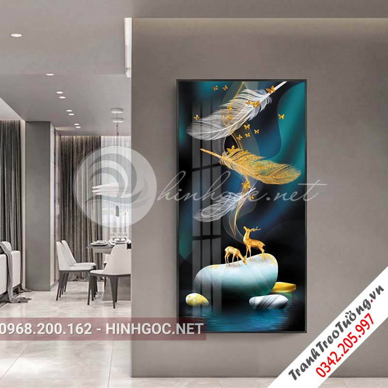 Tranh treo tường, hươu đứng trên đá, lông vũ-XG-4103