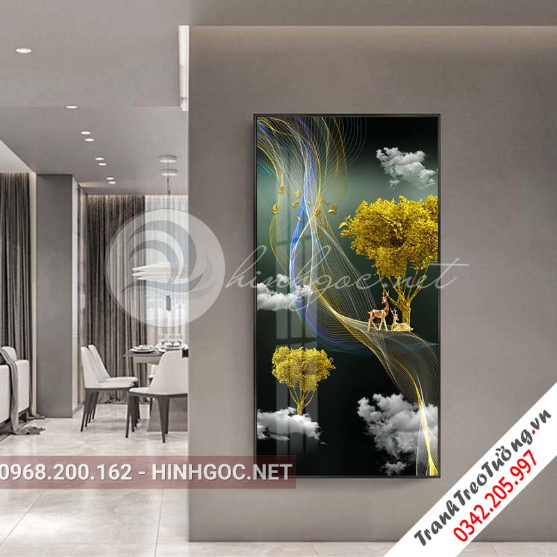 Tranh treo tường, hươu đứng dải vân,cây, lông vũ-XG-4104