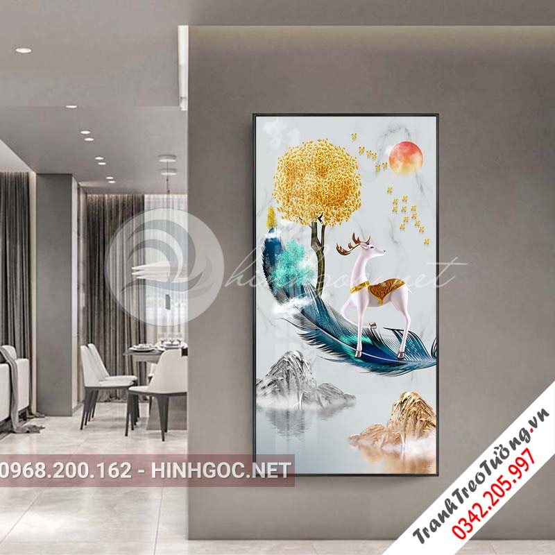 Tranh treo tường, hươu đứng lông vũ, cây tuần lộc-XG-4105