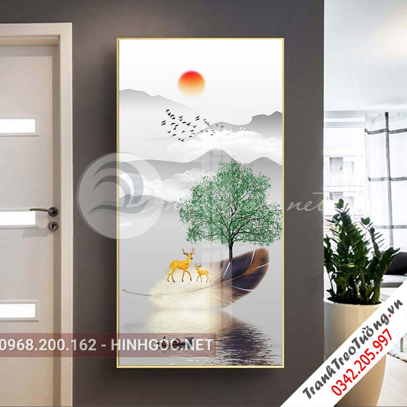 Tranh treo tường, hươu đứng lông vũ, cây tuần lộc-XG-4106