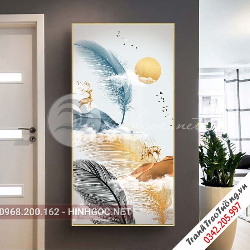 Tranh treo tường, hươu đứng lông vũ, cây tuần lộc-XG-4107