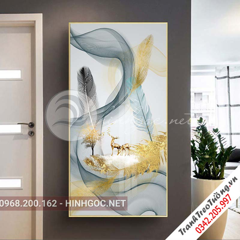 Tranh treo tường, hươu đứng lông vũ, cây tuần lộc-XG-4108