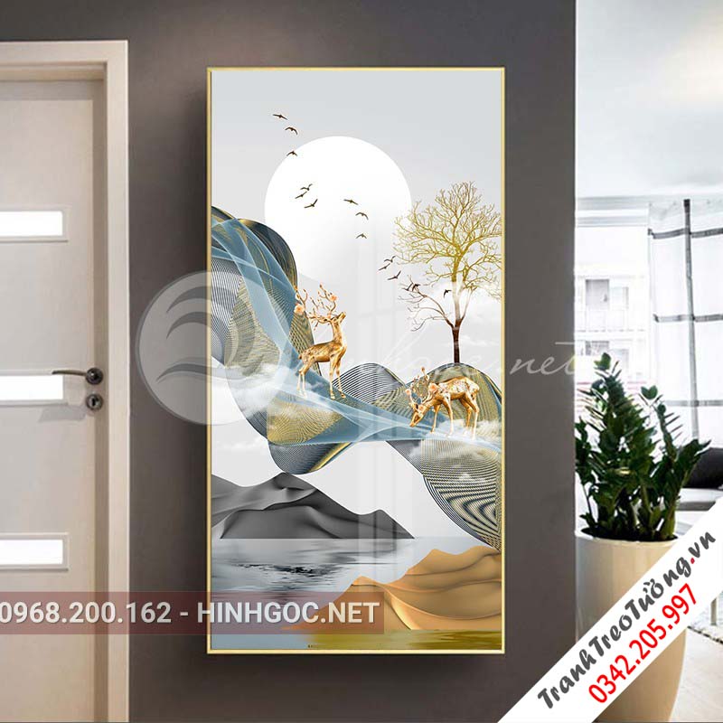 Tranh treo tường, hươu đứng trên dải vân, chim, cây tuần lộc-XG-4109