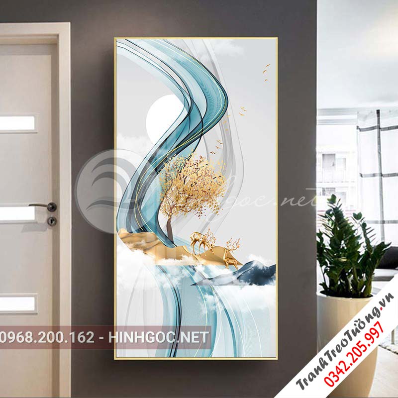 Tranh treo tường, hươu đứng trên dải vân, chim, cây tuần lộc-XG-4110