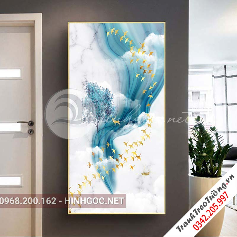 Tranh treo tường, hươu đứng trên dải vân, chim, cây tuần lộc-XG-4111