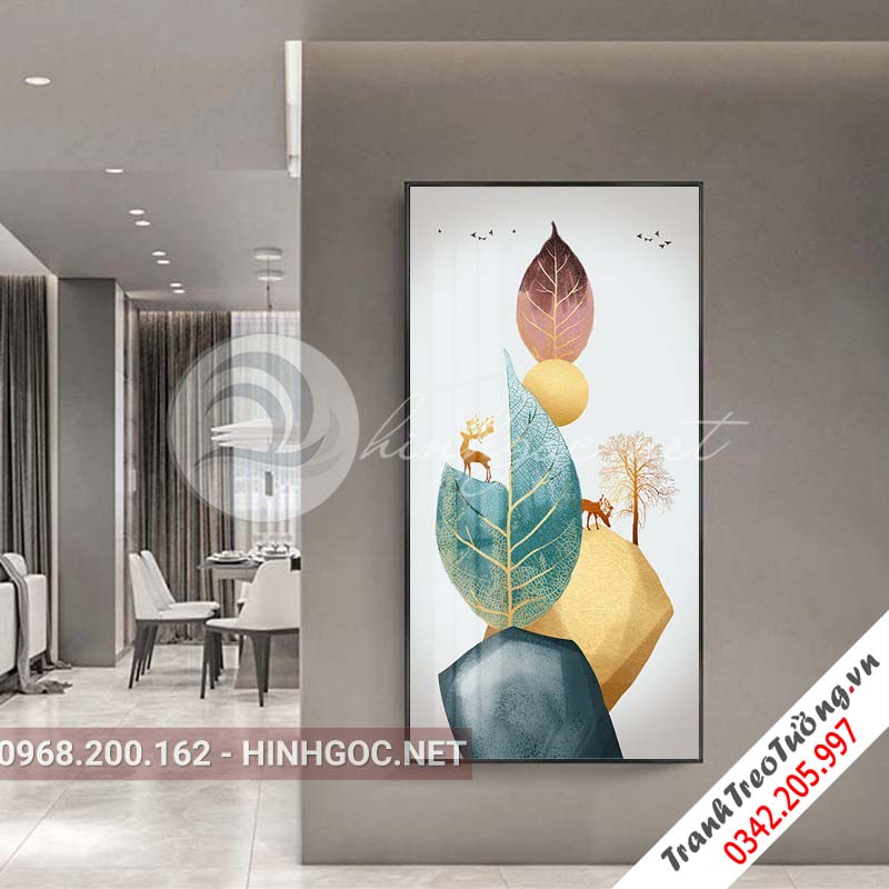 Tranh treo tường, hươu đứng trên lá họa tiết, cây tuần lộc-XG-4113