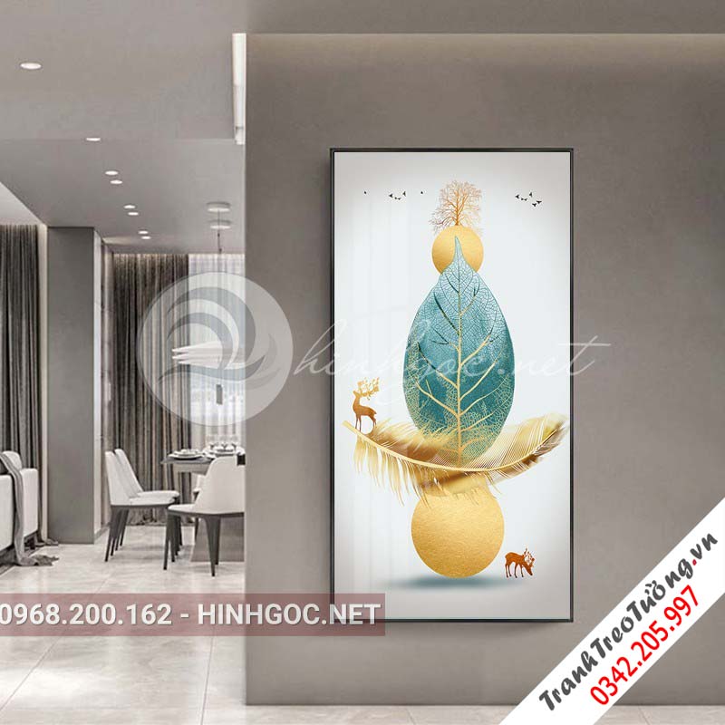 Tranh treo tường, hươu đứng trên lá họa tiết, cây tuần lộc-XG-4116