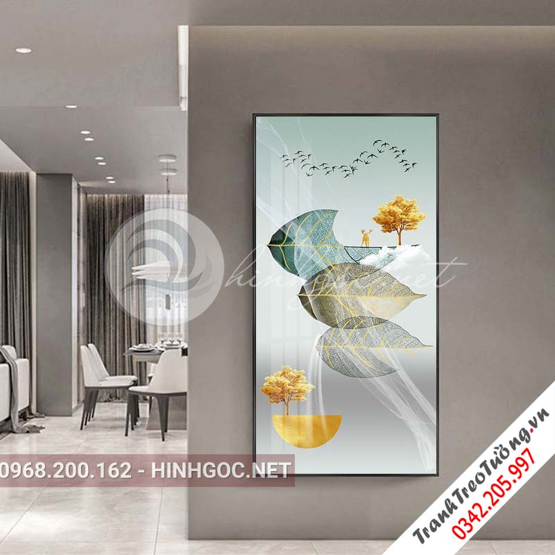 Tranh treo tường, hươu đứng trên lá họa tiết, cây tuần lộc-XG-4117