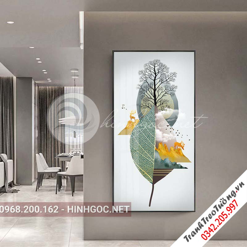 Tranh treo tường, hươu đứng trên lá họa tiết, cây tuần lộc-XG-4118