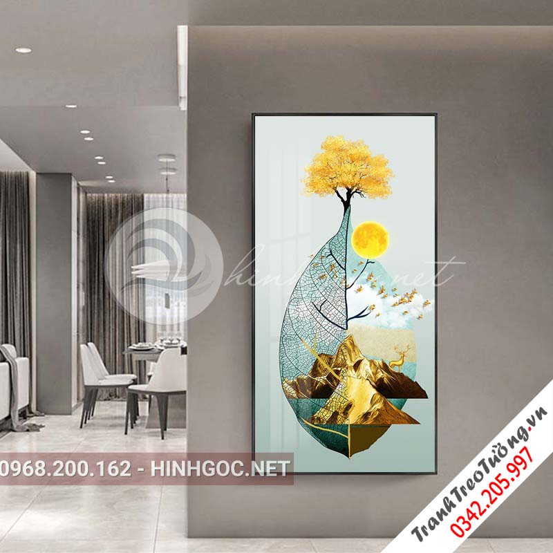 Tranh treo tường, hươu đứng trên lá họa tiết, cây tuần lộc-XG-4119