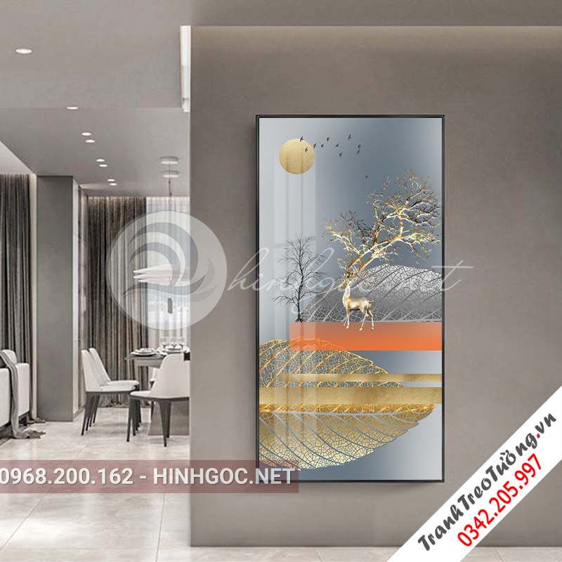 Tranh treo tường, hươu đứng trên lá họa tiết, cây tuần lộc-XG-4120