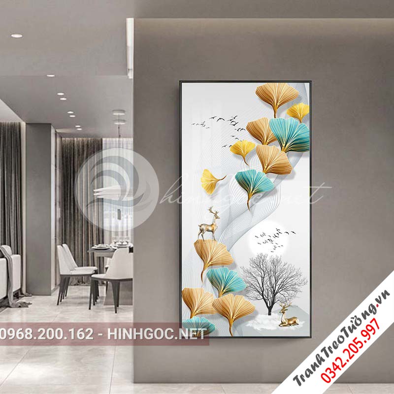 Tranh treo tường, hươu và lá họa tiết sắc màu-XG-4123