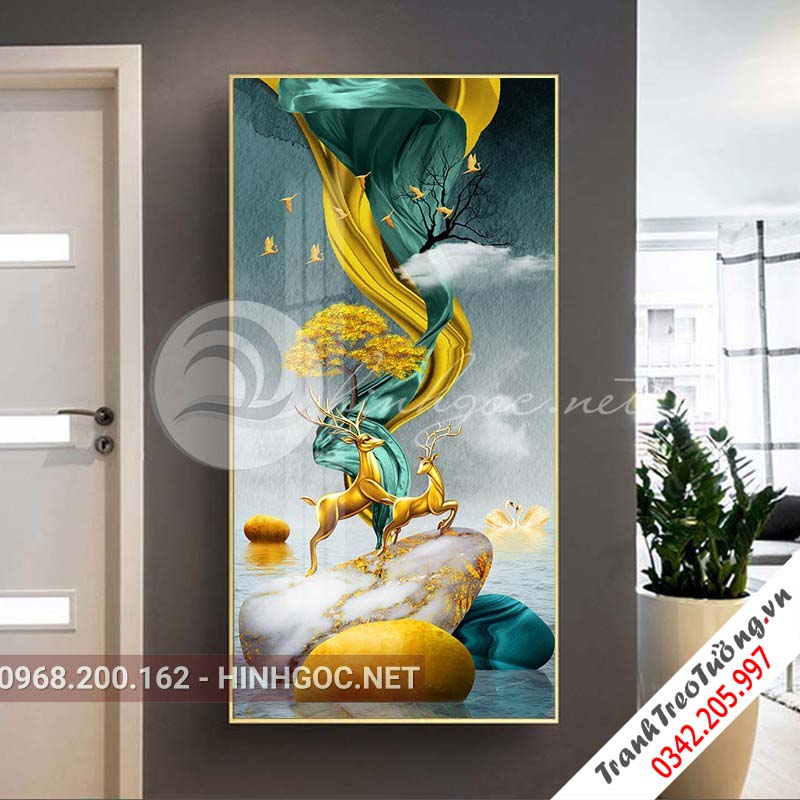 Tranh treo tường, hươu đứng trên đá, dải vân sắc màu-XG-4128