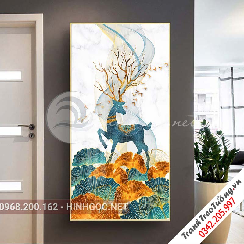 Tranh treo tường, hươu và lá họa tiết sắc màu-XG-4129