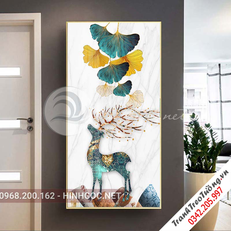 Tranh treo tường, hươu và lá họa tiết sắc màu-XG-4131