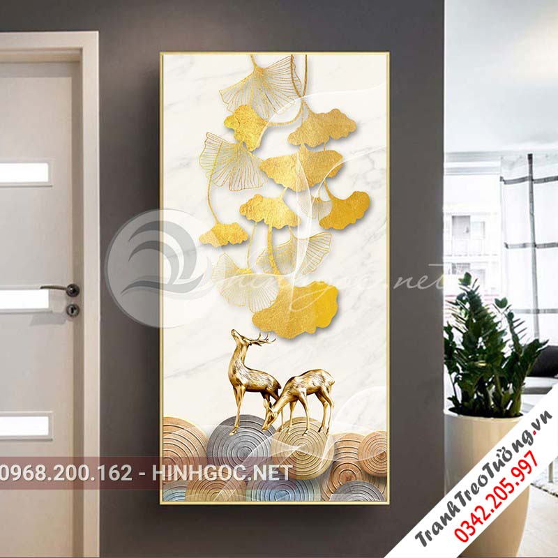 Tranh treo tường, hươu và lá vàng kim-XG-4132