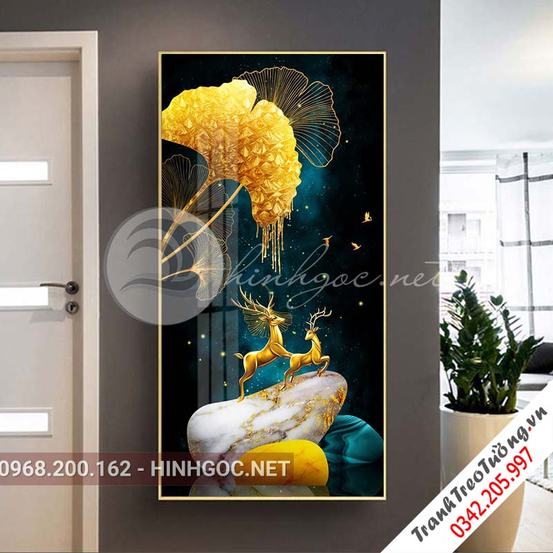 Tranh treo tường, hươu đứng trên đá và lá vàng kim-XG-4134