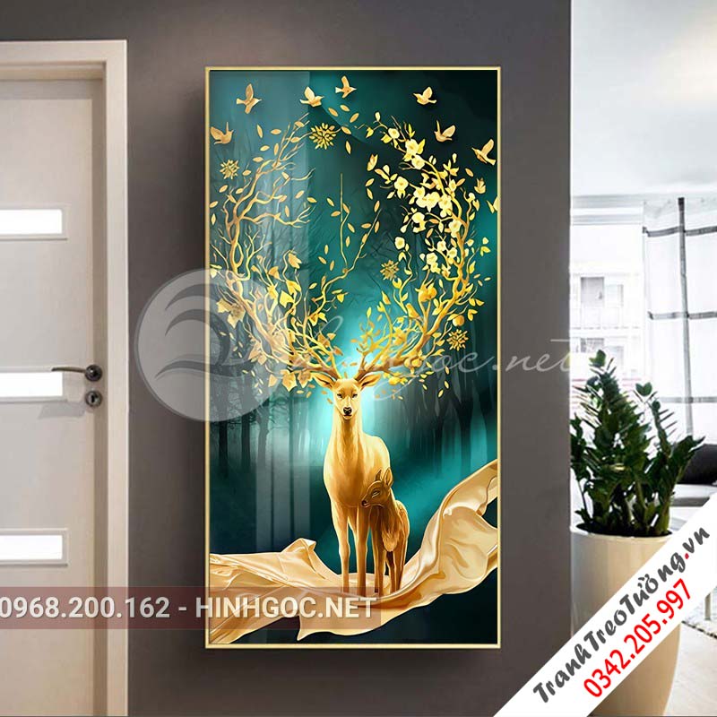Tranh treo tường, hươu đứng trên dải vân vàng-XG-4142