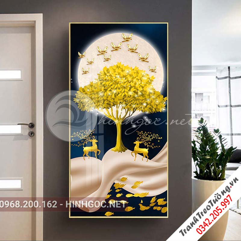 Tranh treo tường, hươu đứng trên dải vân vàng-XG-4143
