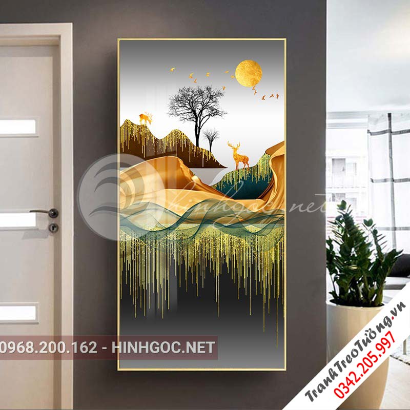 Tranh treo tường, hươu đứng trên dải vân vàng-XG-4144
