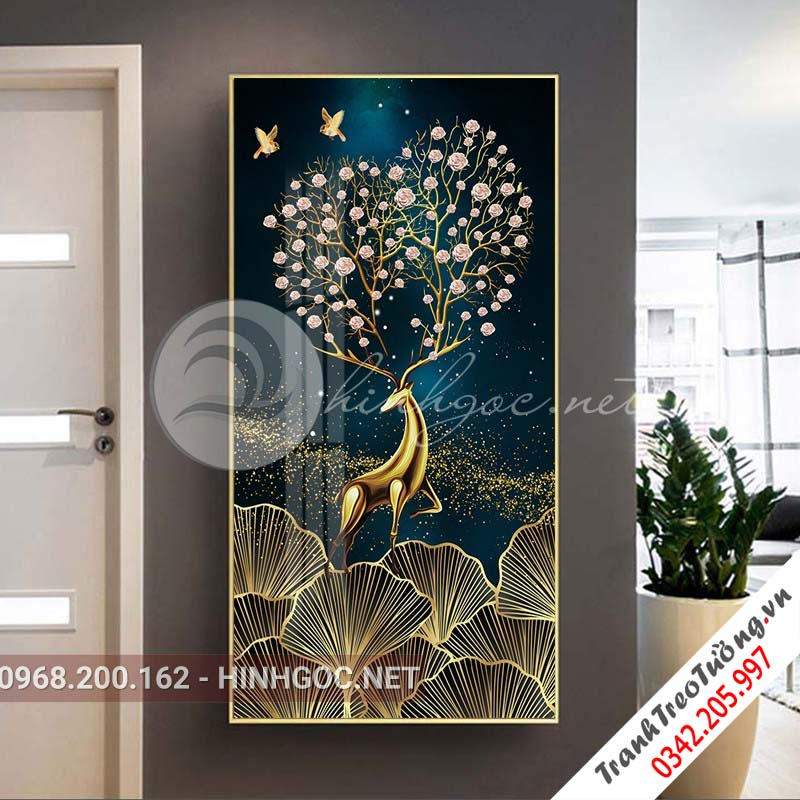 Tranh treo tường, hươu đứng trên lá vàng kim-XG-4145
