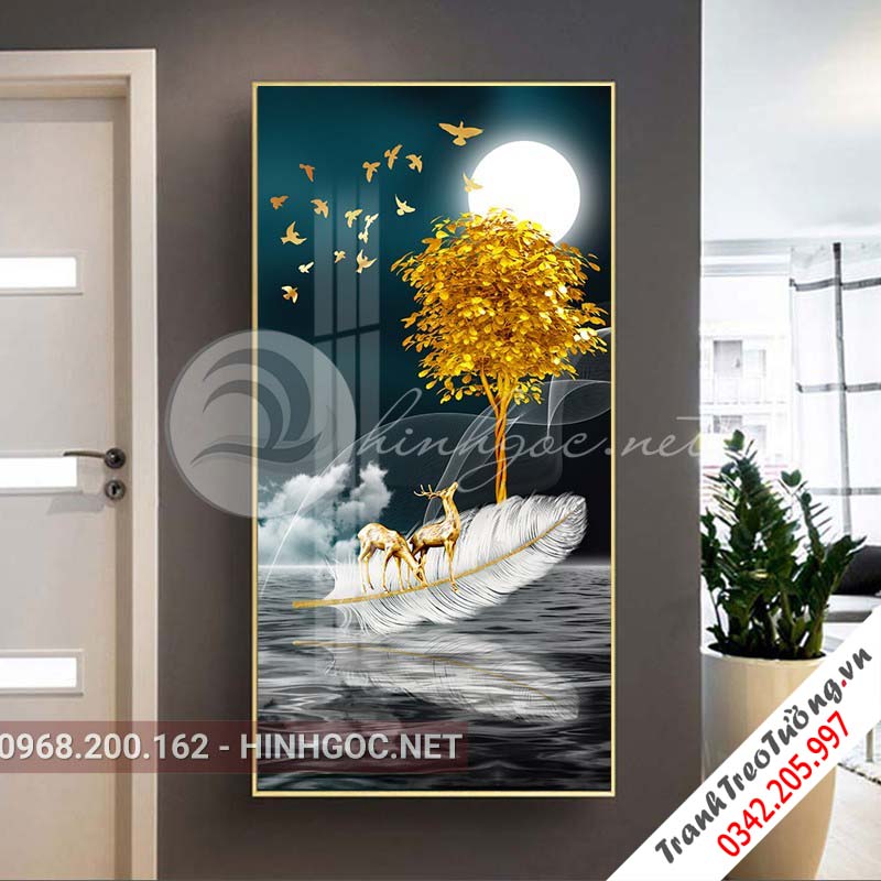 Tranh treo tường, hươu đứng lông vũ, cây tuần lộc-XG-4150