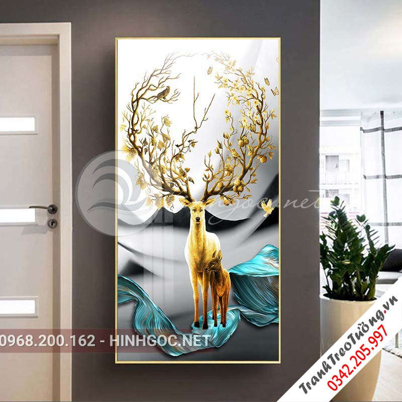 Tranh treo tường, hươu đứng dải vân xanh sắc màu-XG-4151