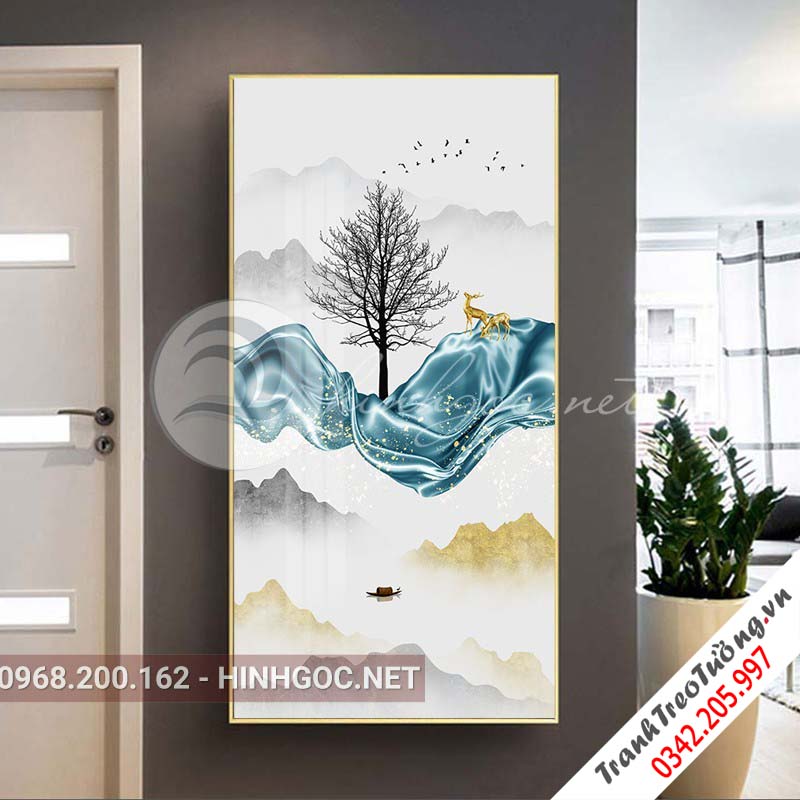 Tranh treo tường, hươu đứng trên dải vân, đá, cây-XG-4153