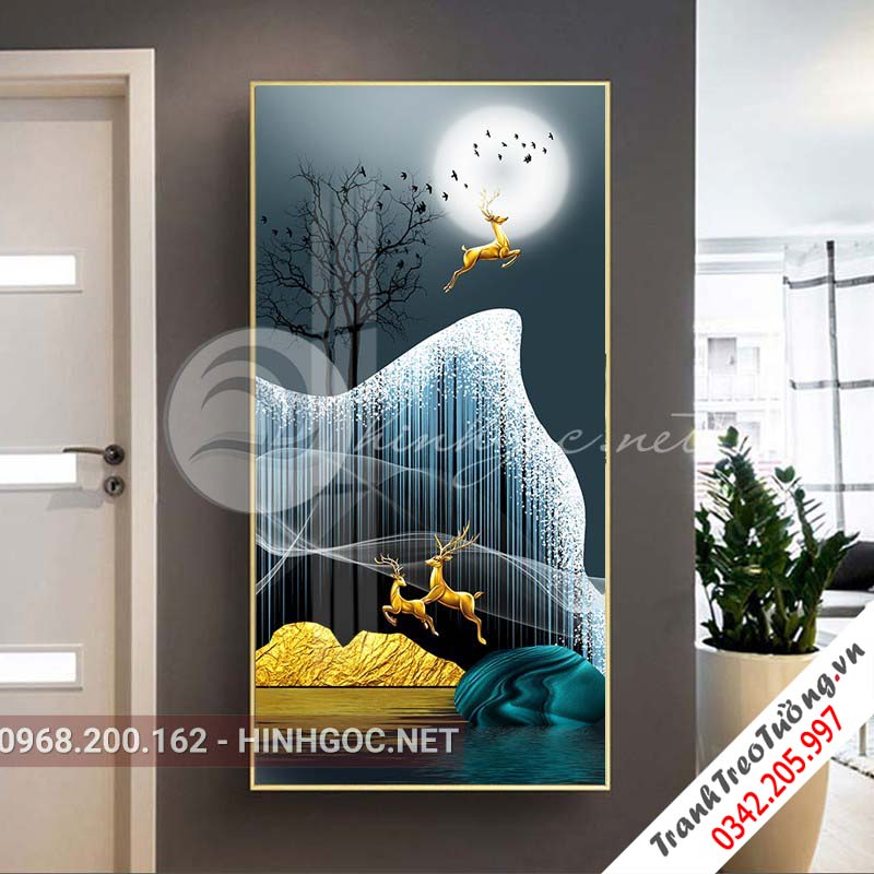 Tranh treo tường, hươu đứng trên dải vân, đá, cây-XG-4154