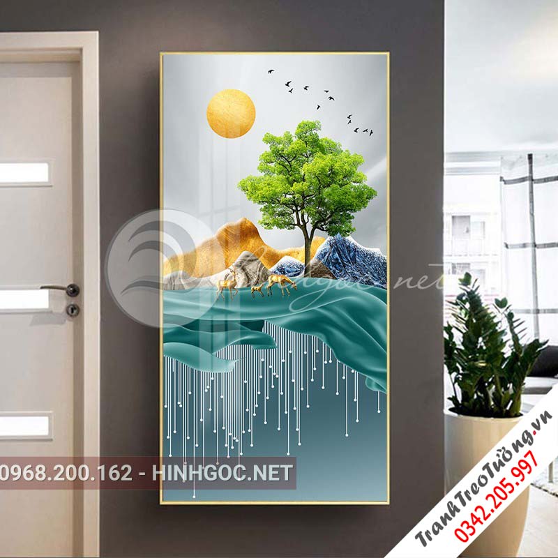 Tranh treo tường, hươu đứng trên dải vân, đá, cây-XG-4155