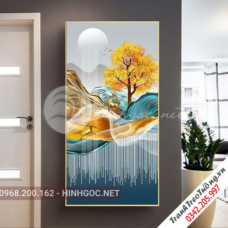 Tranh treo tường, hươu đứng trên dải vân, đá, cây-XG-4156