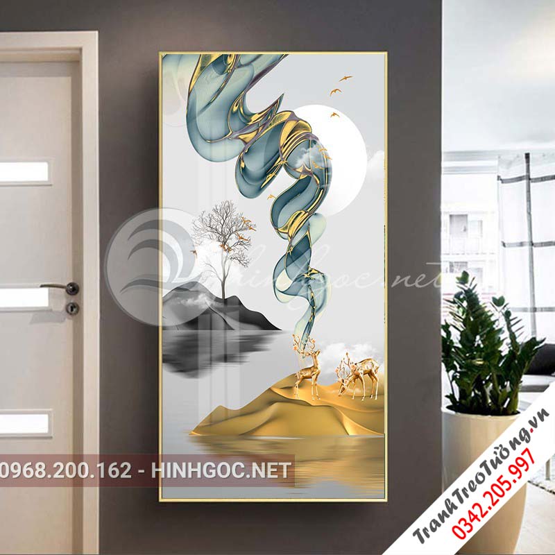 Tranh treo tường, hươu đứng trên dải vân, đá, cây-XG-4157