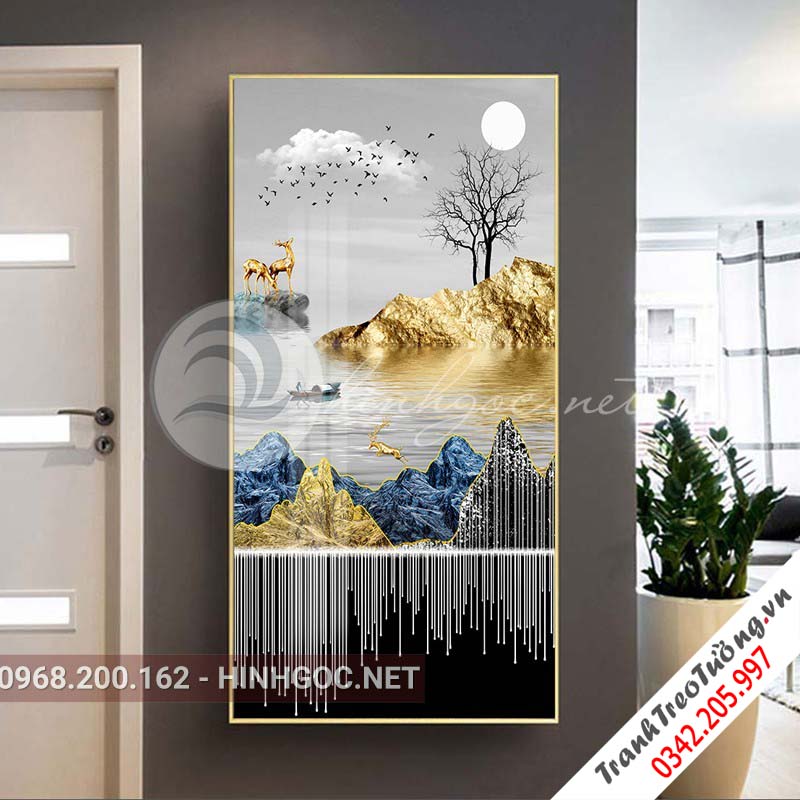 Tranh treo tường, hươu đứng trên dải vân, đá, cây-XG-4158
