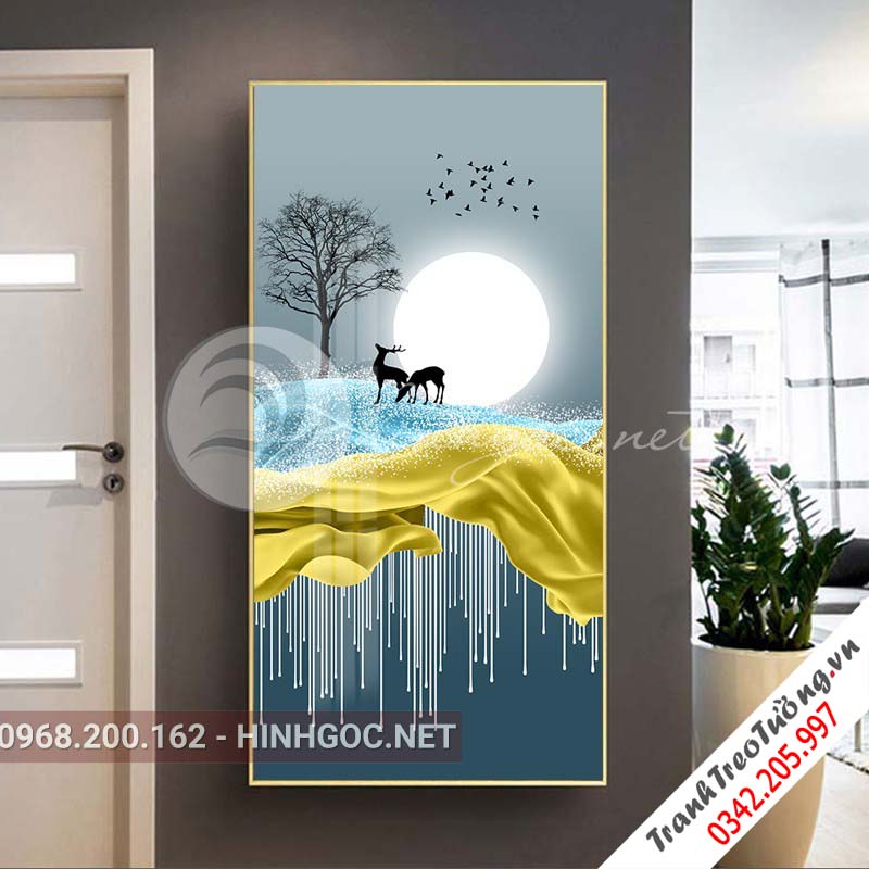 Tranh treo tường, hươu đứng trên dải vân, đá, cây-XG-4159