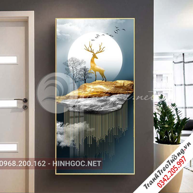 Tranh treo tường, hươu đứng trên dải vân, đá, cây-XG-4160