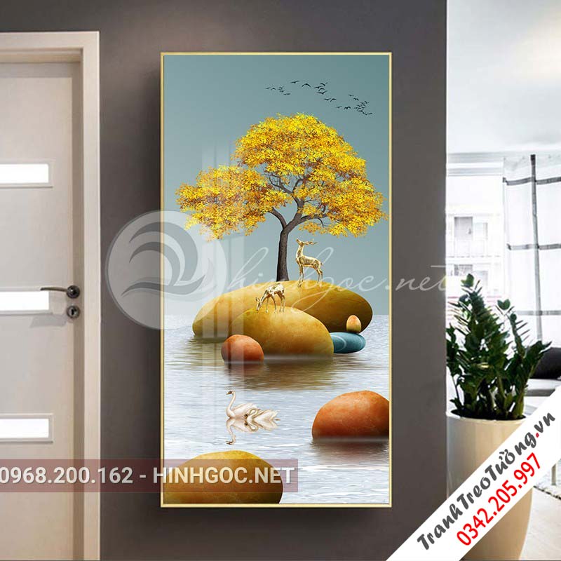 Tranh treo tường, hươu đứng trên dải vân, đá, cây-XG-4161