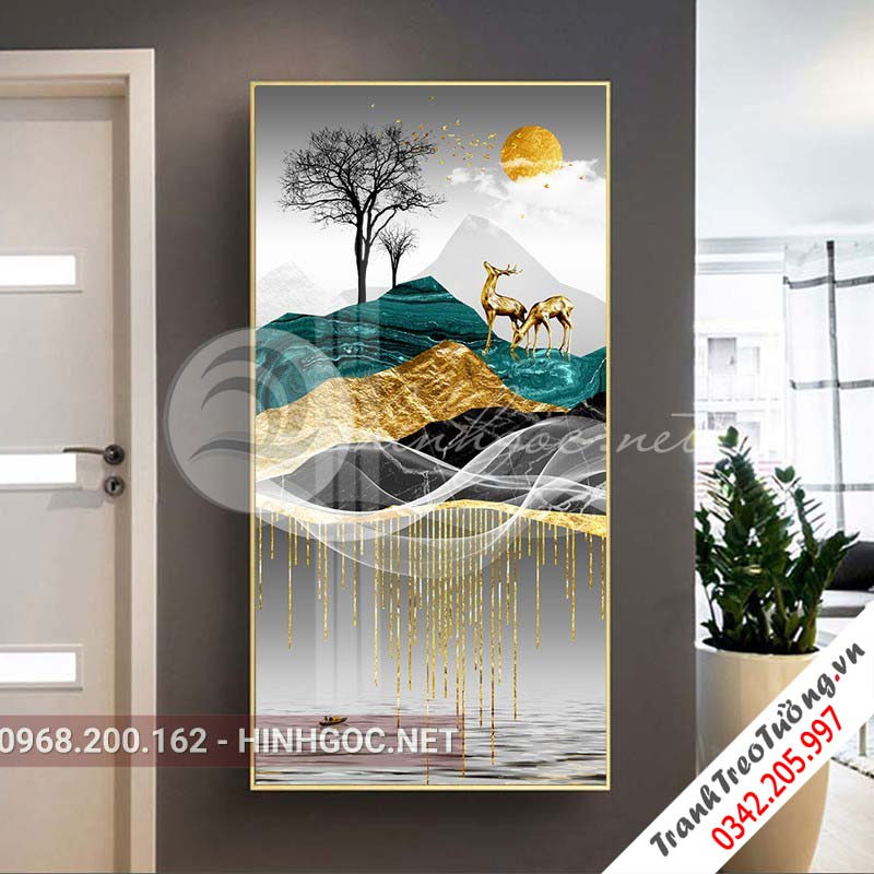 Tranh treo tường, hươu đứng trên dải vân, đá, cây-XG-4162