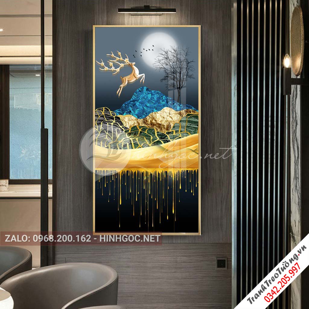 Tranh treo tường, hươu đứng trên dải vân, đá, cây-XG-4163