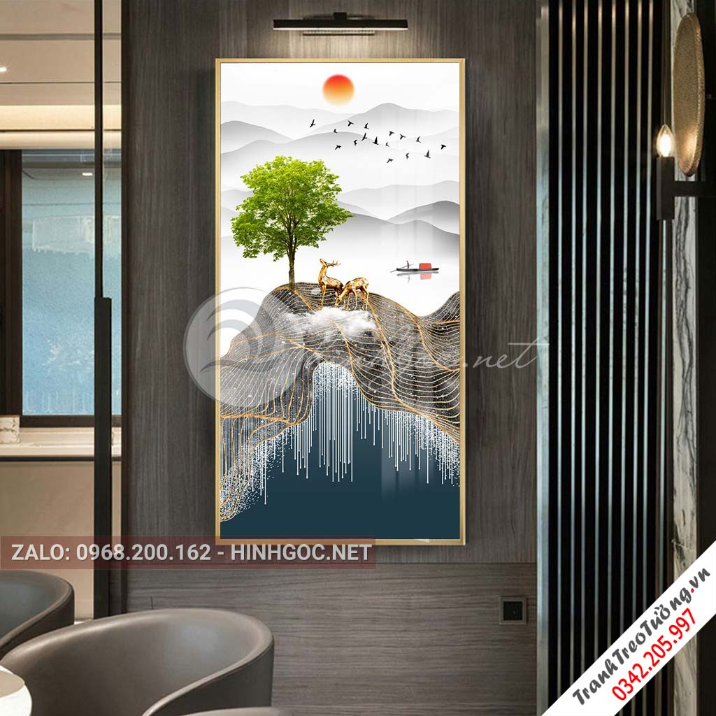 Tranh treo tường, hươu đứng trên dải vân, đá, cây-XG-4164