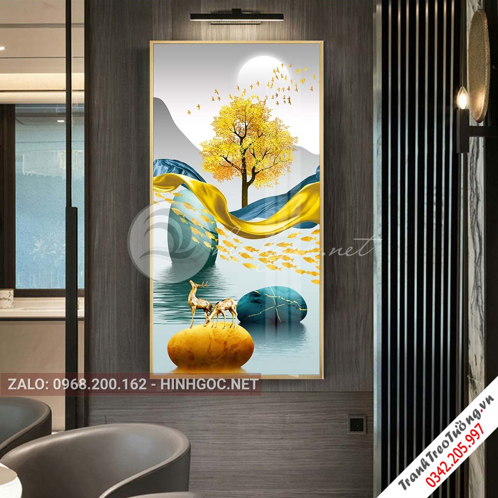 Tranh treo tường, hươu đứng trên dải vân, đá, cây-XG-4165