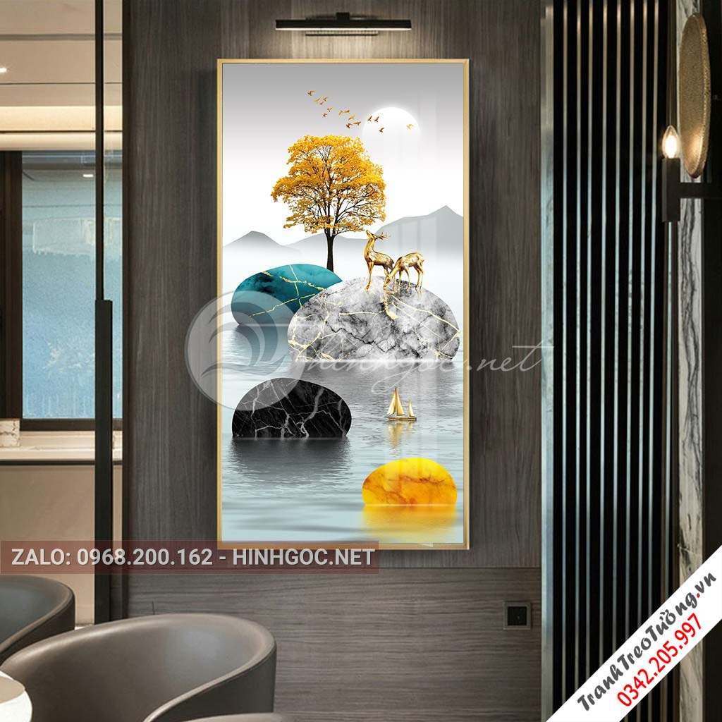 Tranh treo tường, hươu đứng trên dải vân, đá, cây-XG-4166