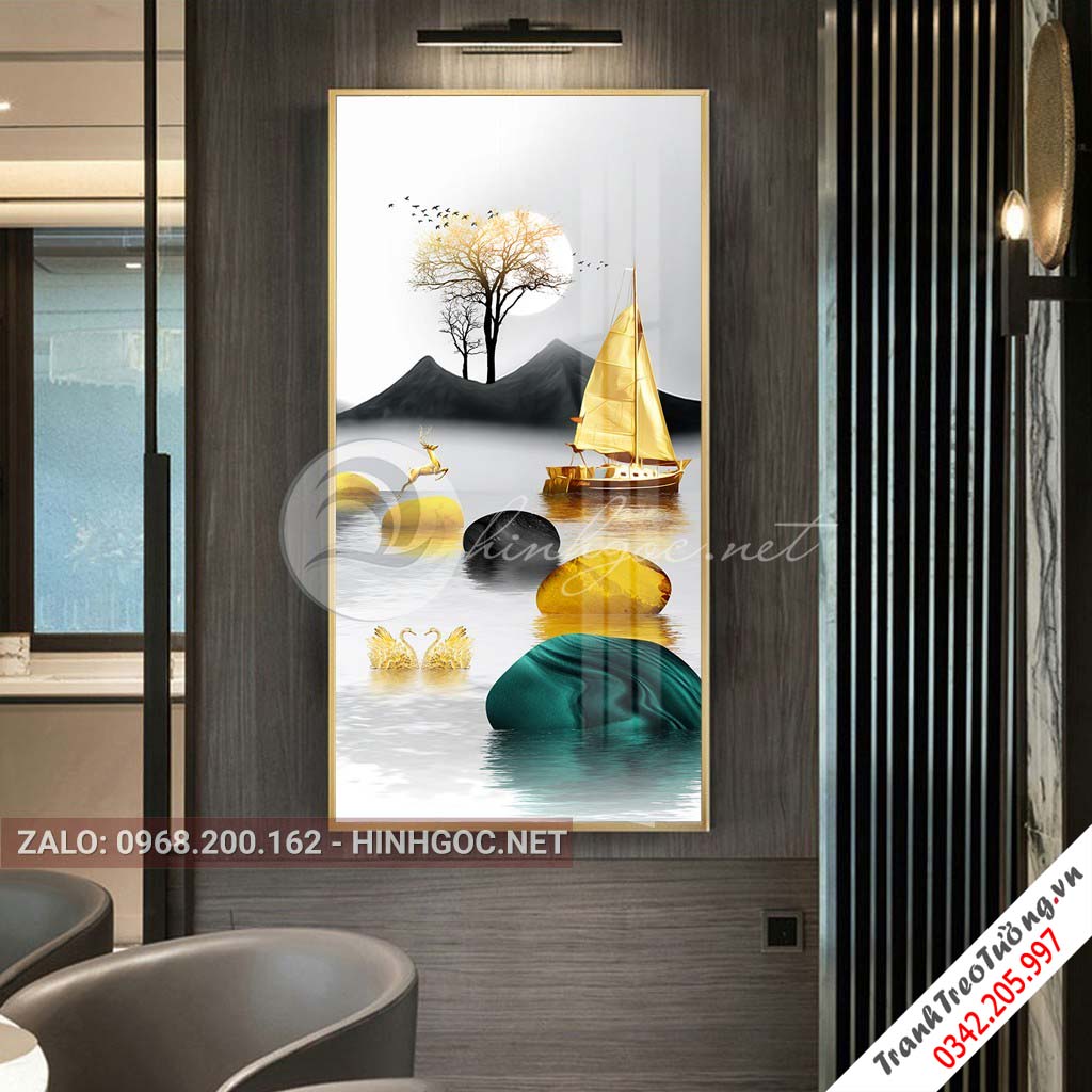 Tranh treo tường, hươu đứng trên dải vân, đá, cây-XG-4167