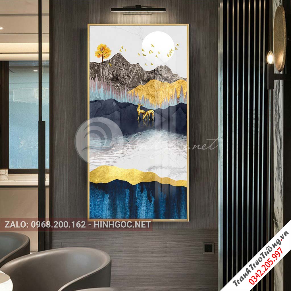 Tranh treo tường, hươu đứng trên dải vân, đá, cây-XG-4168