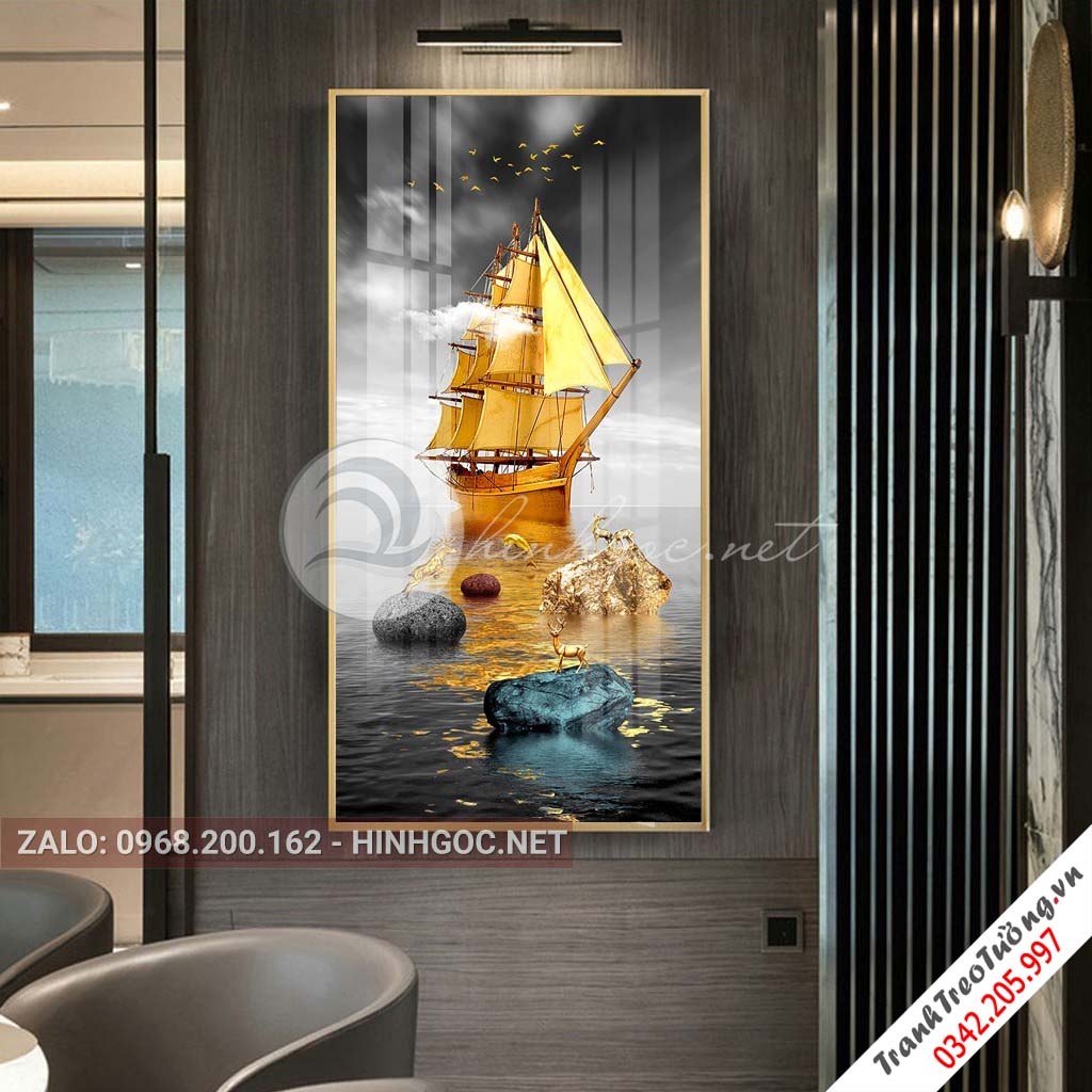 Tranh treo tường, hươu đứng trên dải vân, đá, cây, thuyền-XG-4169