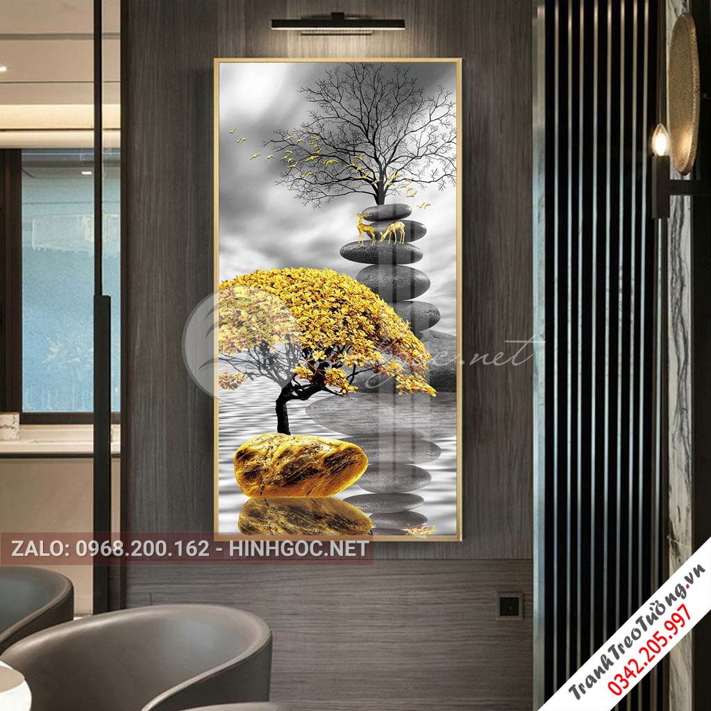 Tranh treo tường, hươu đứng trên đá cuội, cây-XG-4174