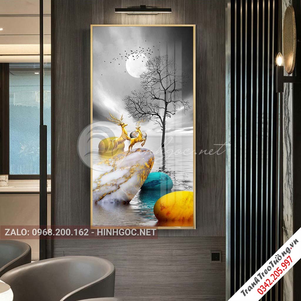 Tranh treo tường, hươu đứng trên đá cuội, cây-XG-4175