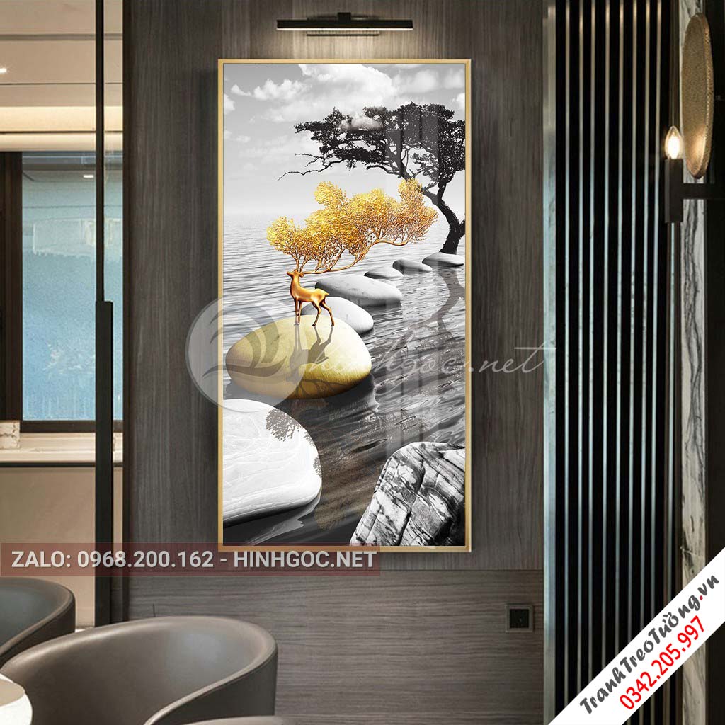 Tranh treo tường, hươu đứng trên đá cuội, cây-XG-4176
