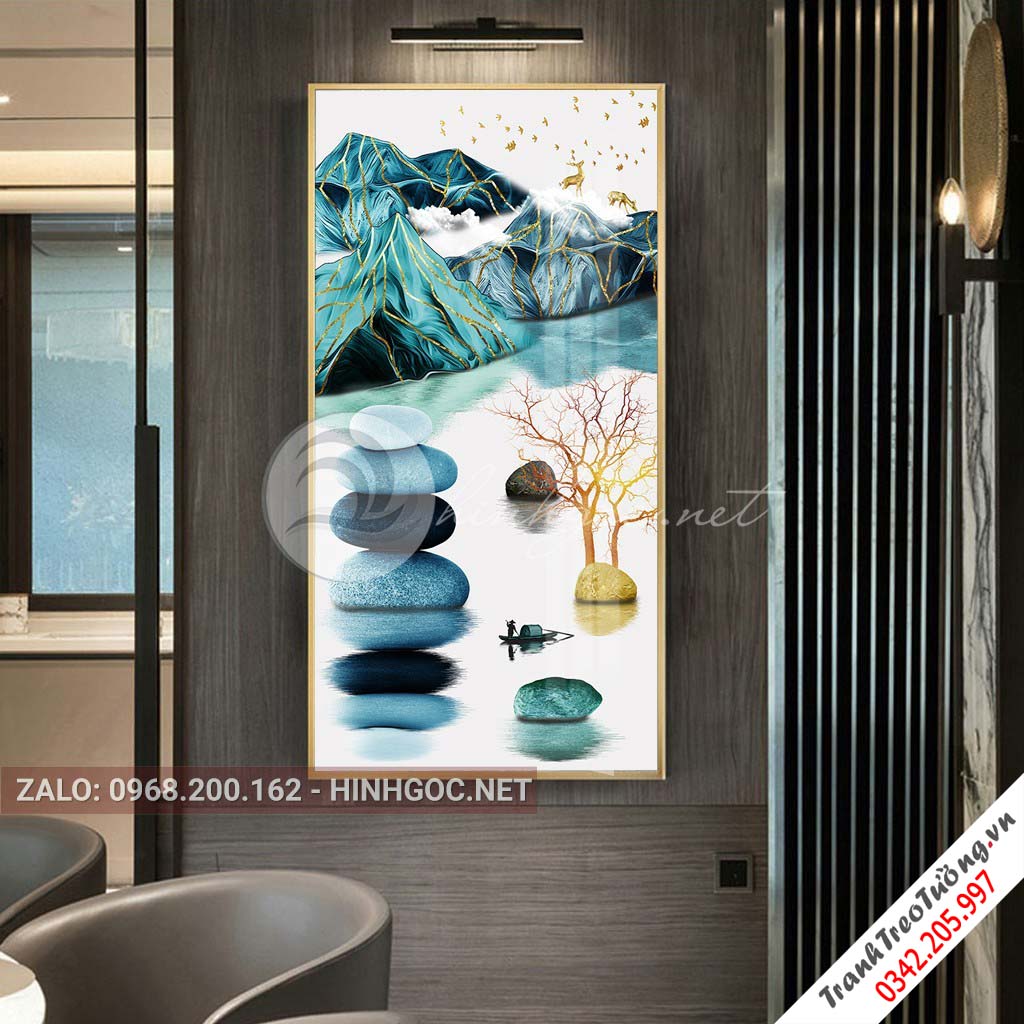 Tranh treo tường, hươu đứng trên đá cuội, cây-XG-4177
